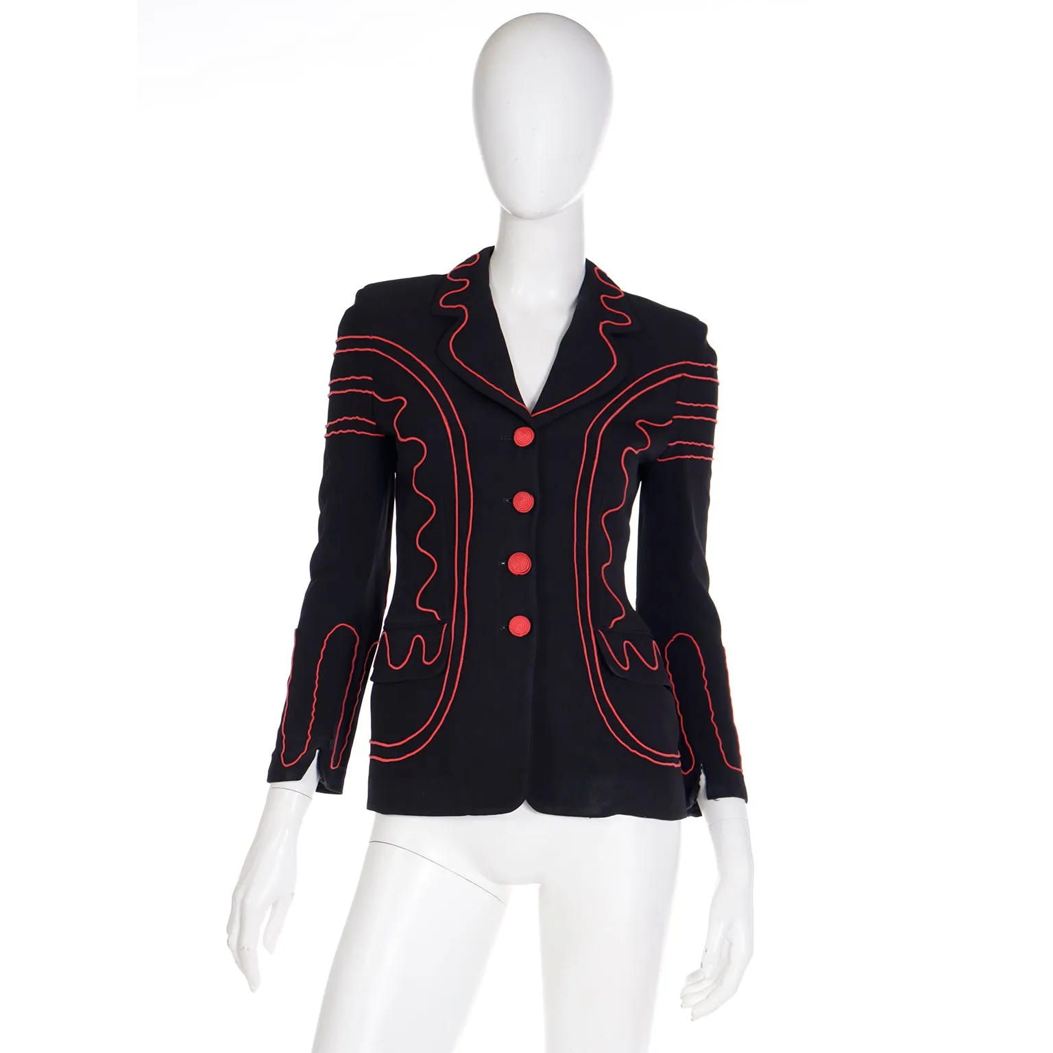 1990s Moschino Cheap & Chic Black w Red Embroidery Heart Blazer Jacket