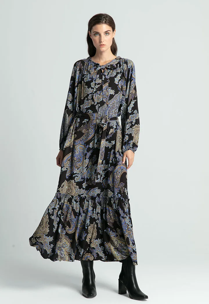 All Over Printed Neck Tie Long Dress