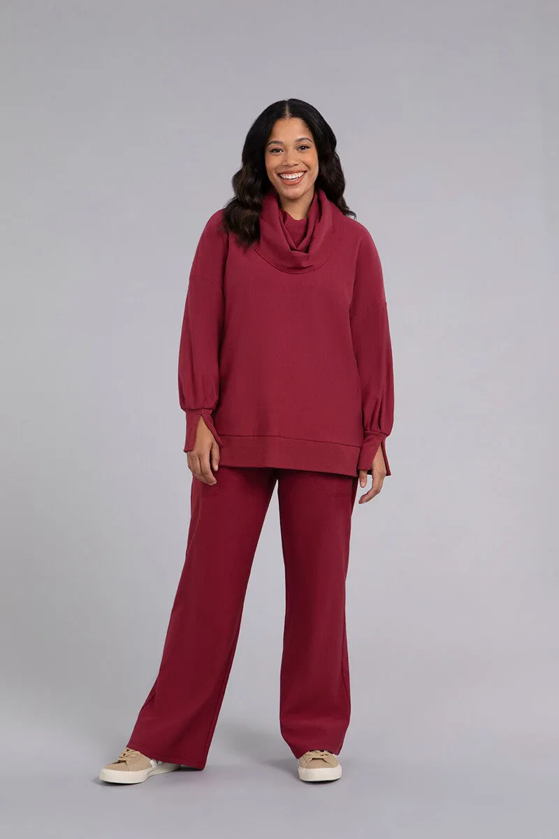 Bamboo Fleece Cowl Neck Pleat Sleeve Top | Cherry