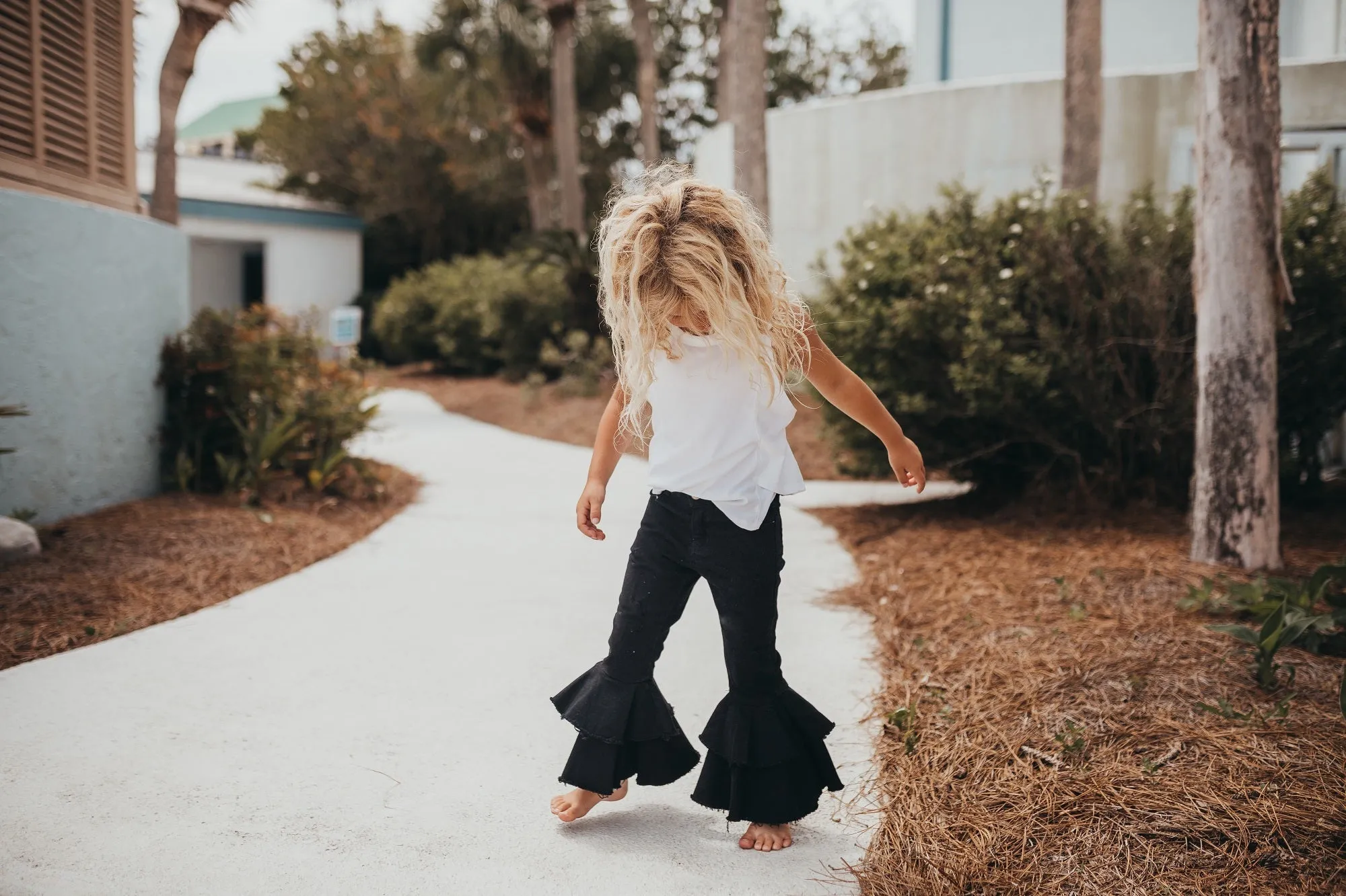 BLACK DENIM DOUBLE RUFFLE PANT