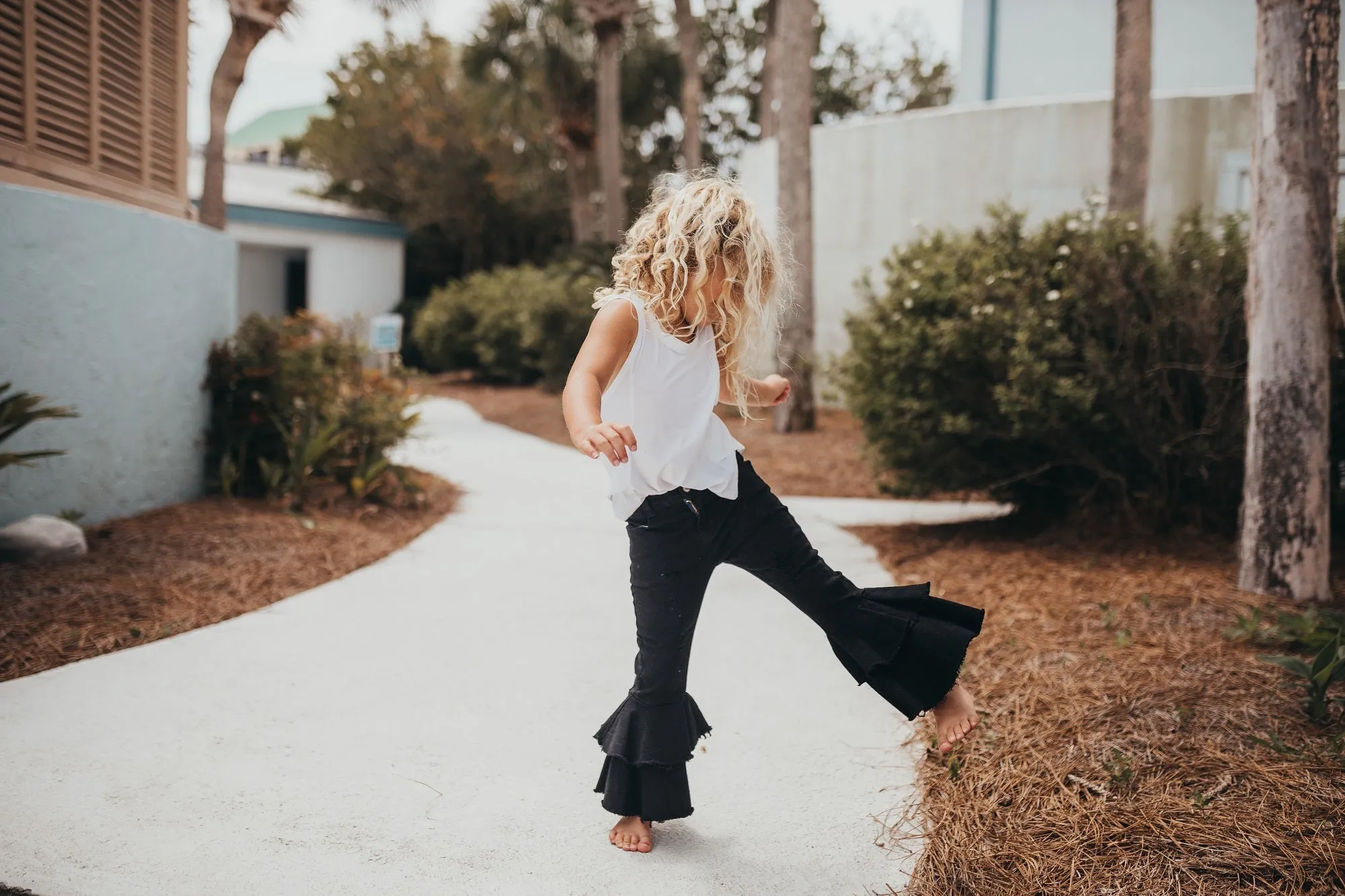 BLACK DENIM DOUBLE RUFFLE PANT