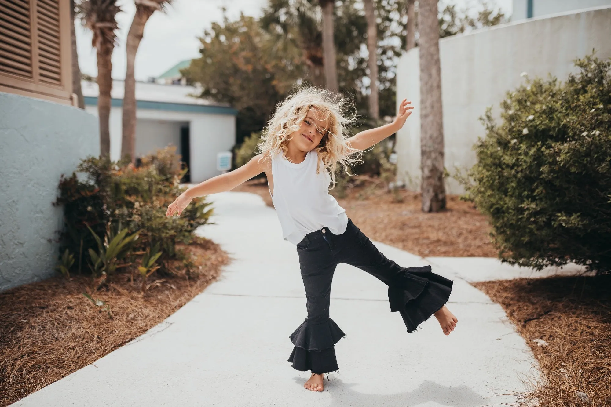 BLACK DENIM DOUBLE RUFFLE PANT