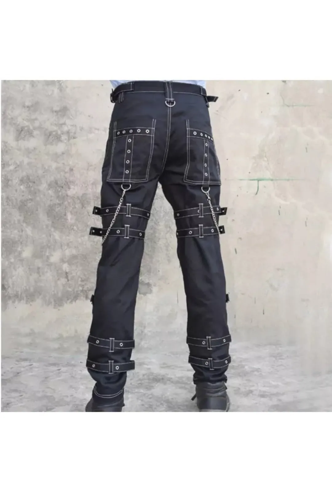 Black Zipper Bondage Pants with Buckle Straps