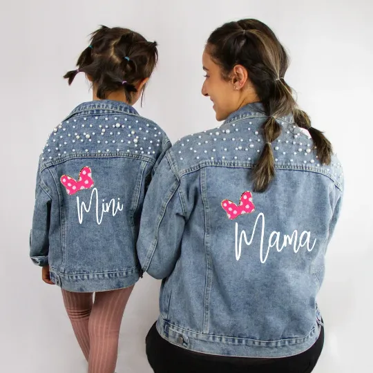 (Blue Pearl) Personalized Mama and Mini Bow Denim Jackets