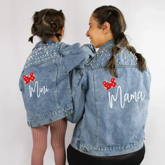 (Blue Pearl) Personalized Mama and Mini Bow Denim Jackets