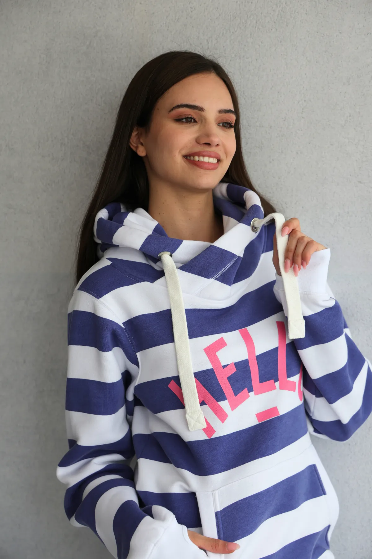 Blue Stripe Hello Cowl Neck Hoodie