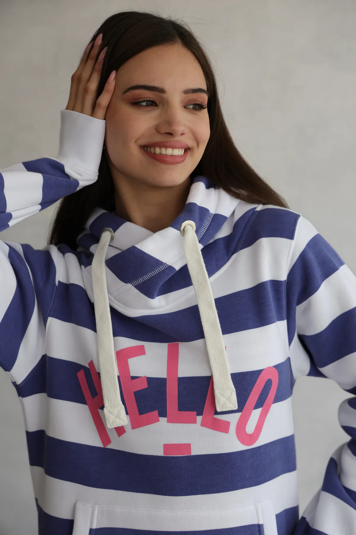 Blue Stripe Hello Cowl Neck Hoodie