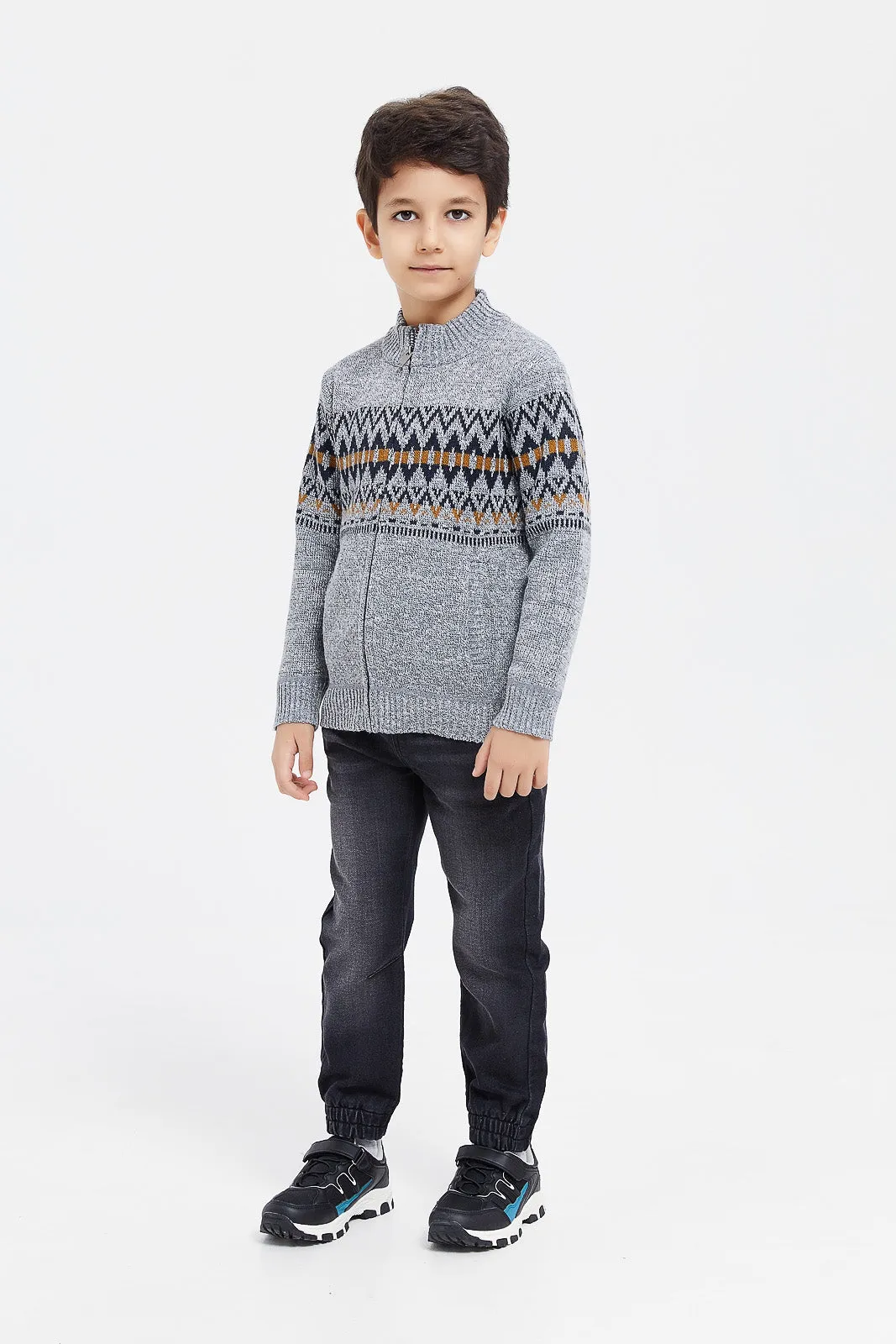 Boys Grey High Neck Knitted Cardigan