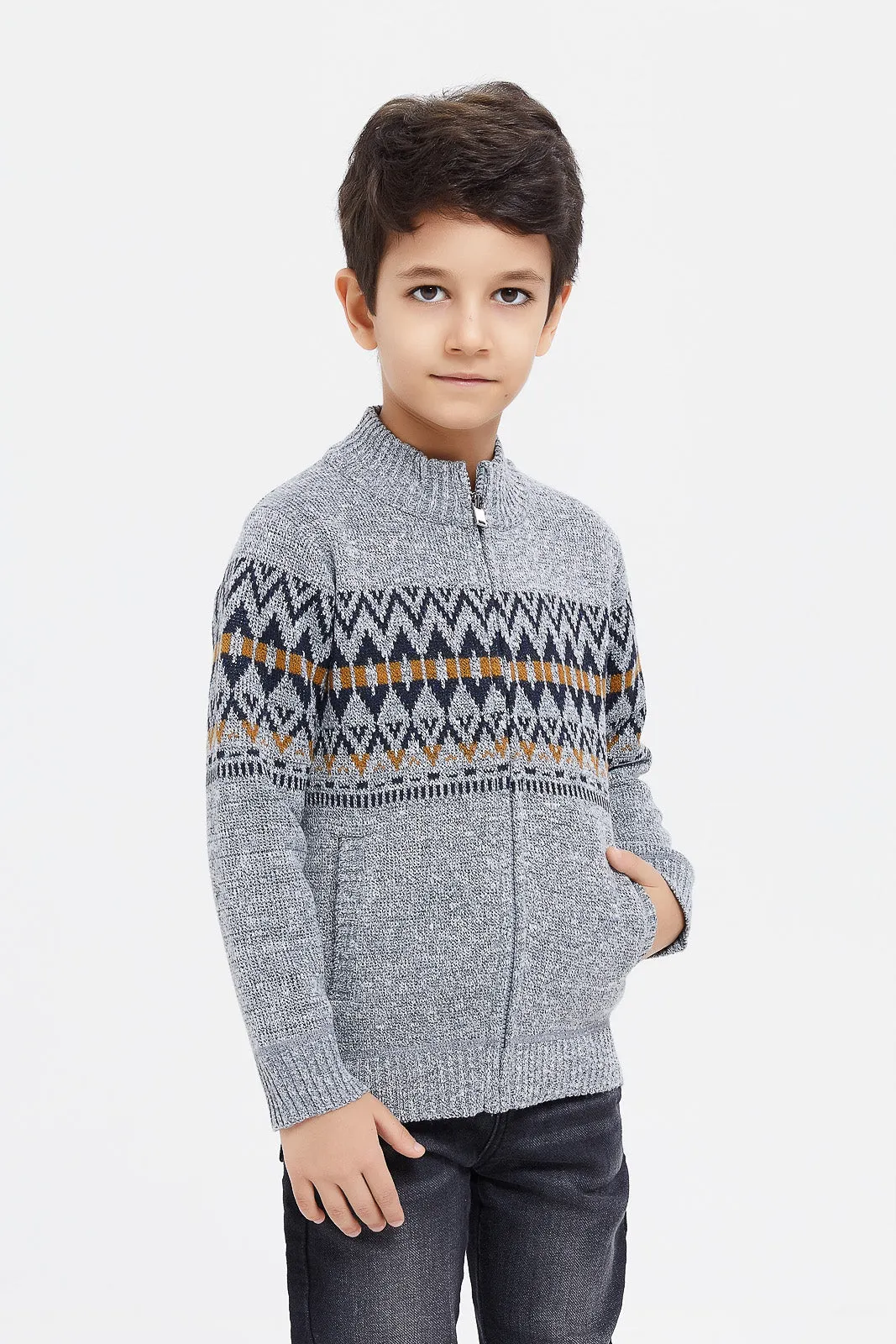 Boys Grey High Neck Knitted Cardigan