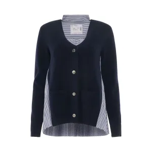 Classic Shirt Panel Wool Cardigan in Navy