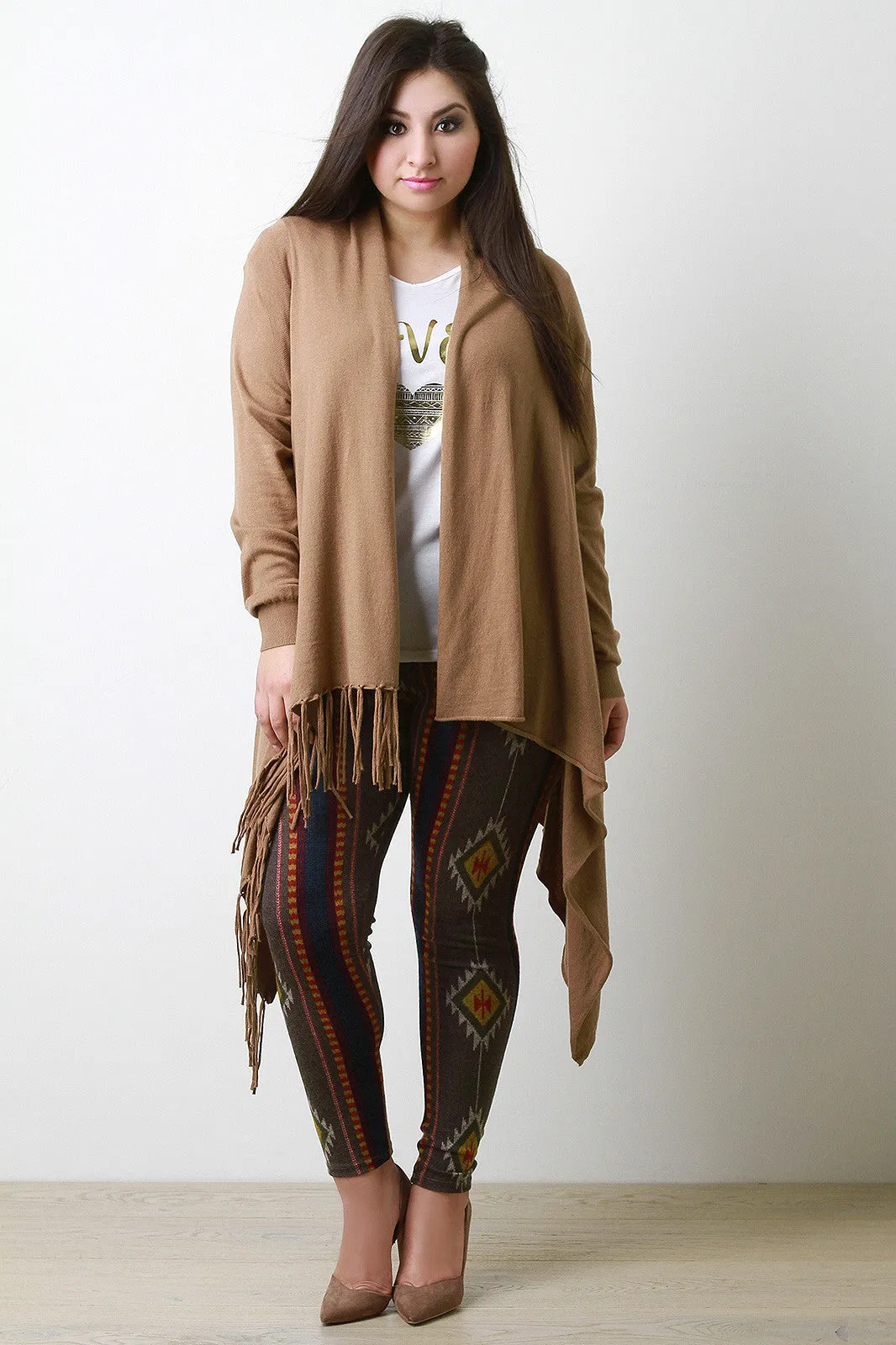 Crossover Drape Fringe Longline Cardigan