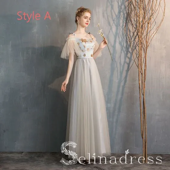 Elegant Champagne Grey Bridesmaid Dresses Cheap Princess Star Sequins Long Wedding Party Dresses BRK012