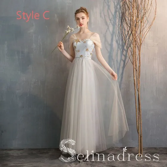 Elegant Champagne Grey Bridesmaid Dresses Cheap Princess Star Sequins Long Wedding Party Dresses BRK012