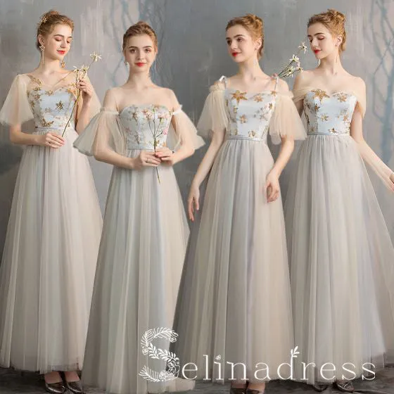 Elegant Champagne Grey Bridesmaid Dresses Cheap Princess Star Sequins Long Wedding Party Dresses BRK012