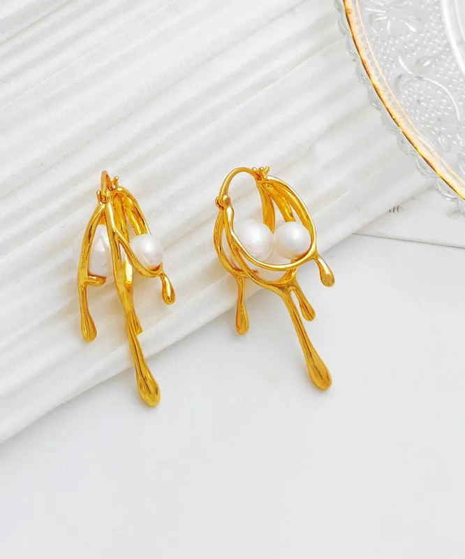 Elegant Gold Plated Glass Pearl Hoop Earrings