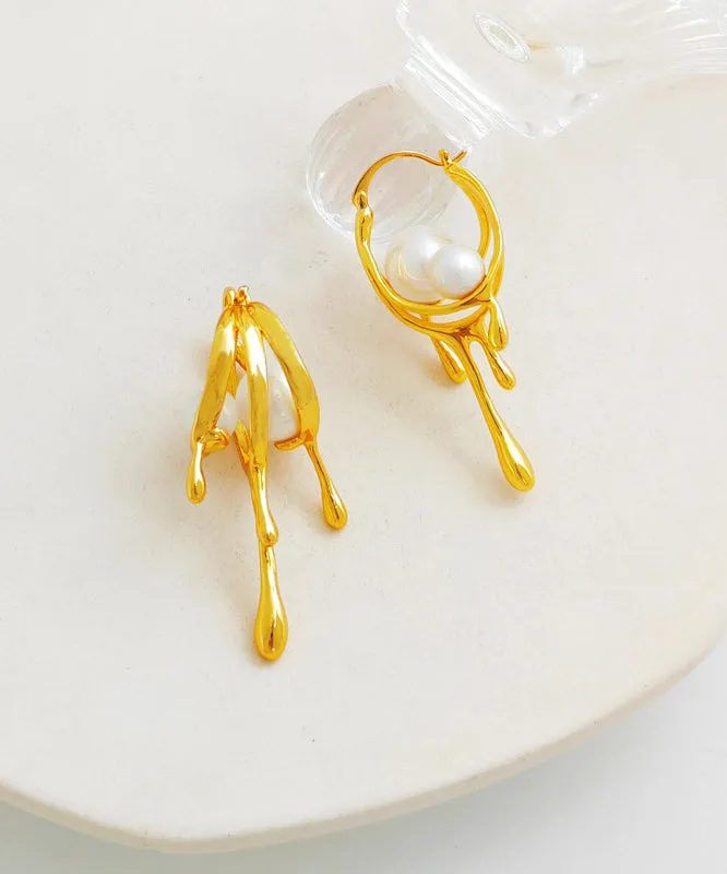 Elegant Gold Plated Glass Pearl Hoop Earrings