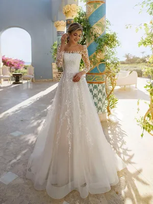 Elegant Long Sleeves A-line Applique Tulle White Wedding Dresses, WD0536