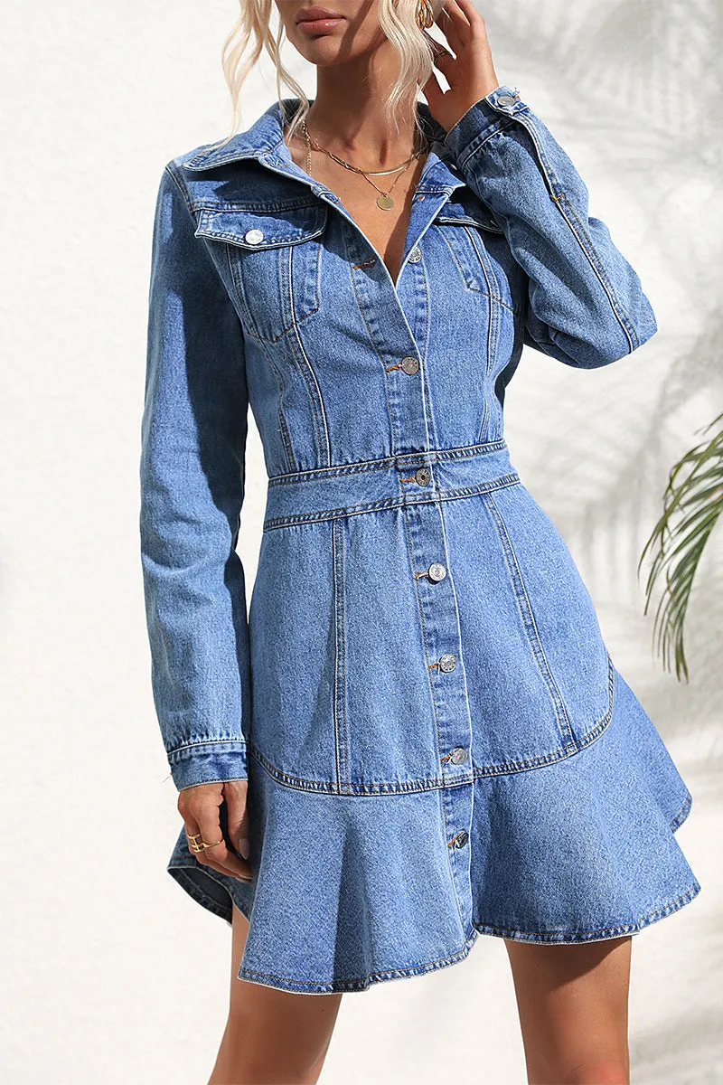 Elegant Solid Patchwork Turndown Collar Long Sleeve Denim Dresses