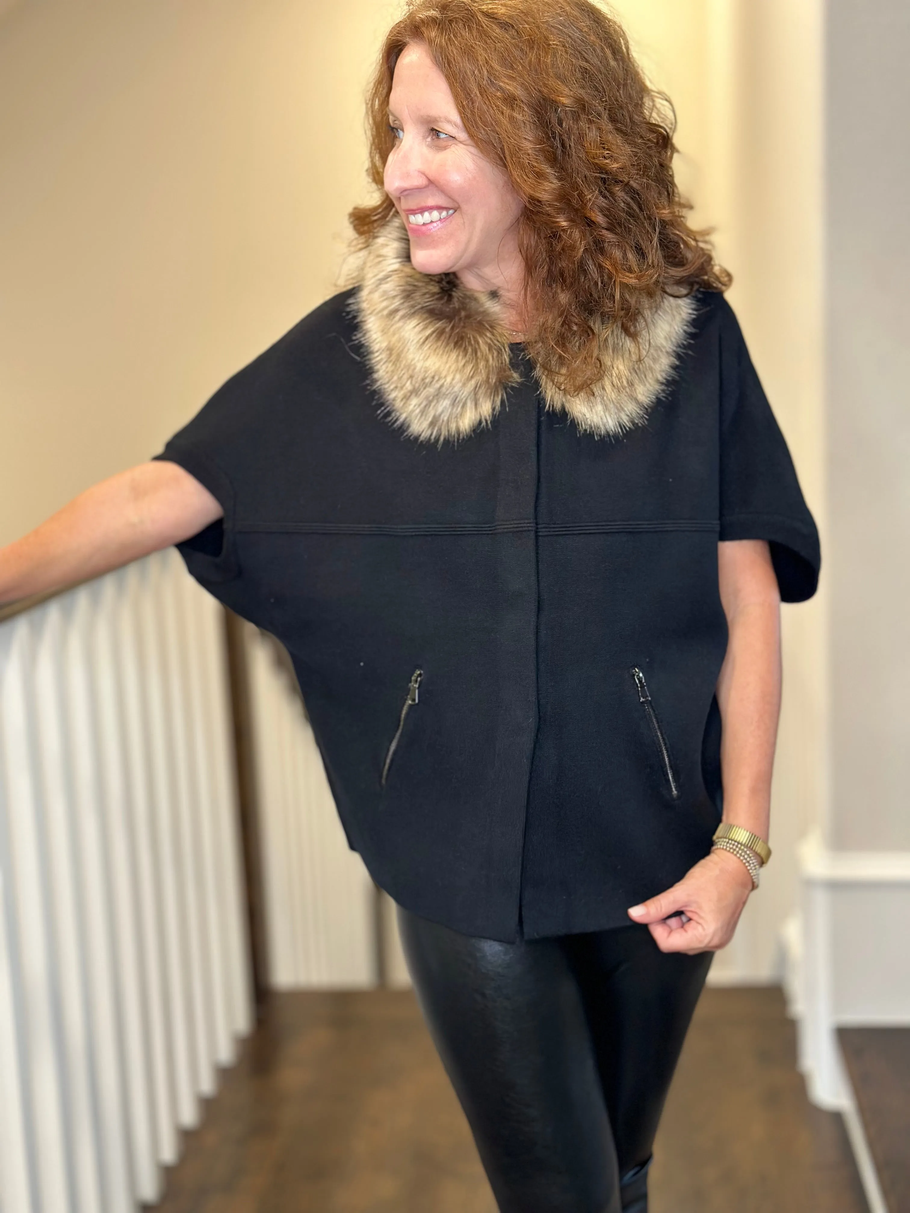 Faux Fur Cardi in Black & Chestnut