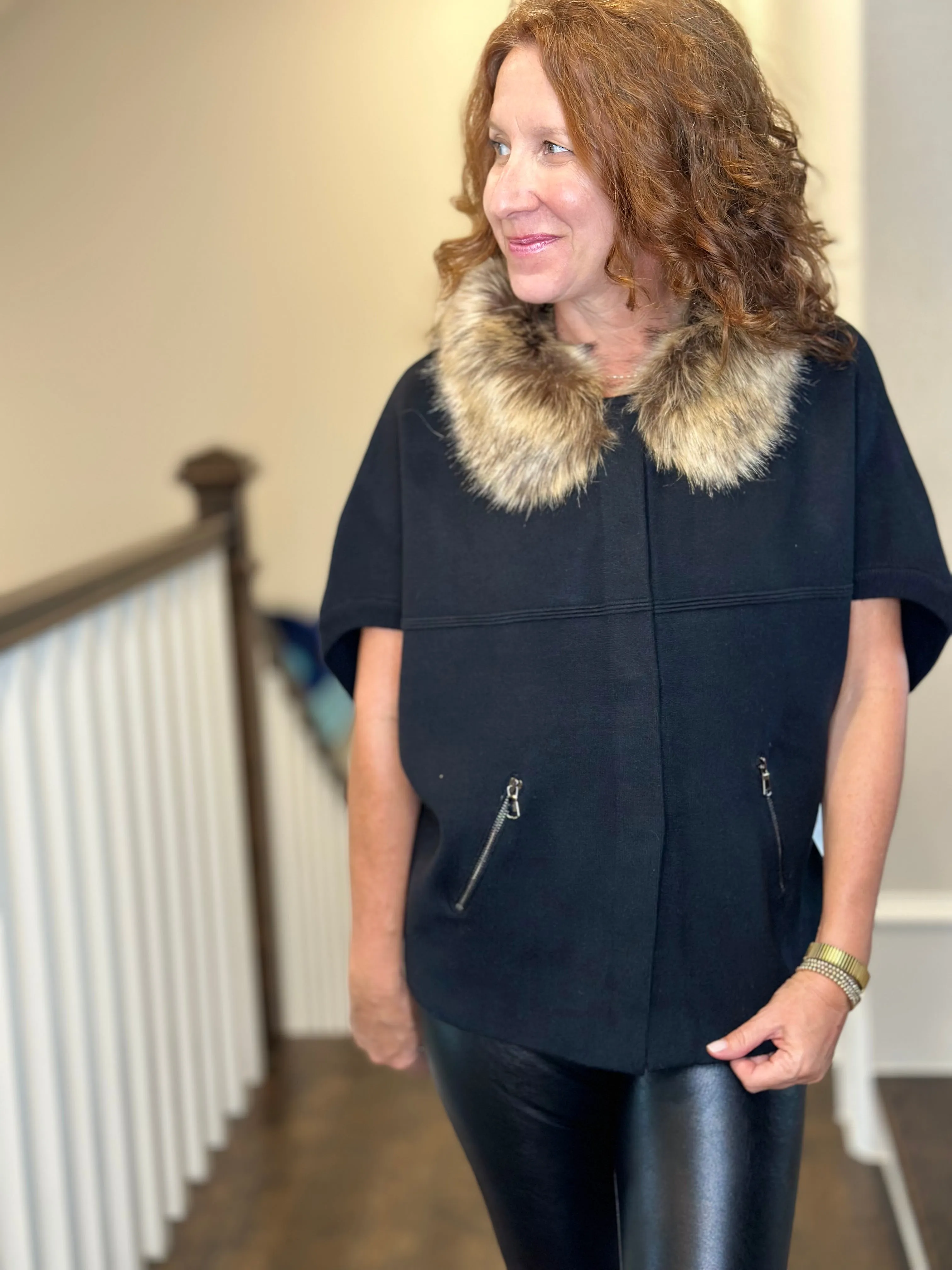 Faux Fur Cardi in Black & Chestnut