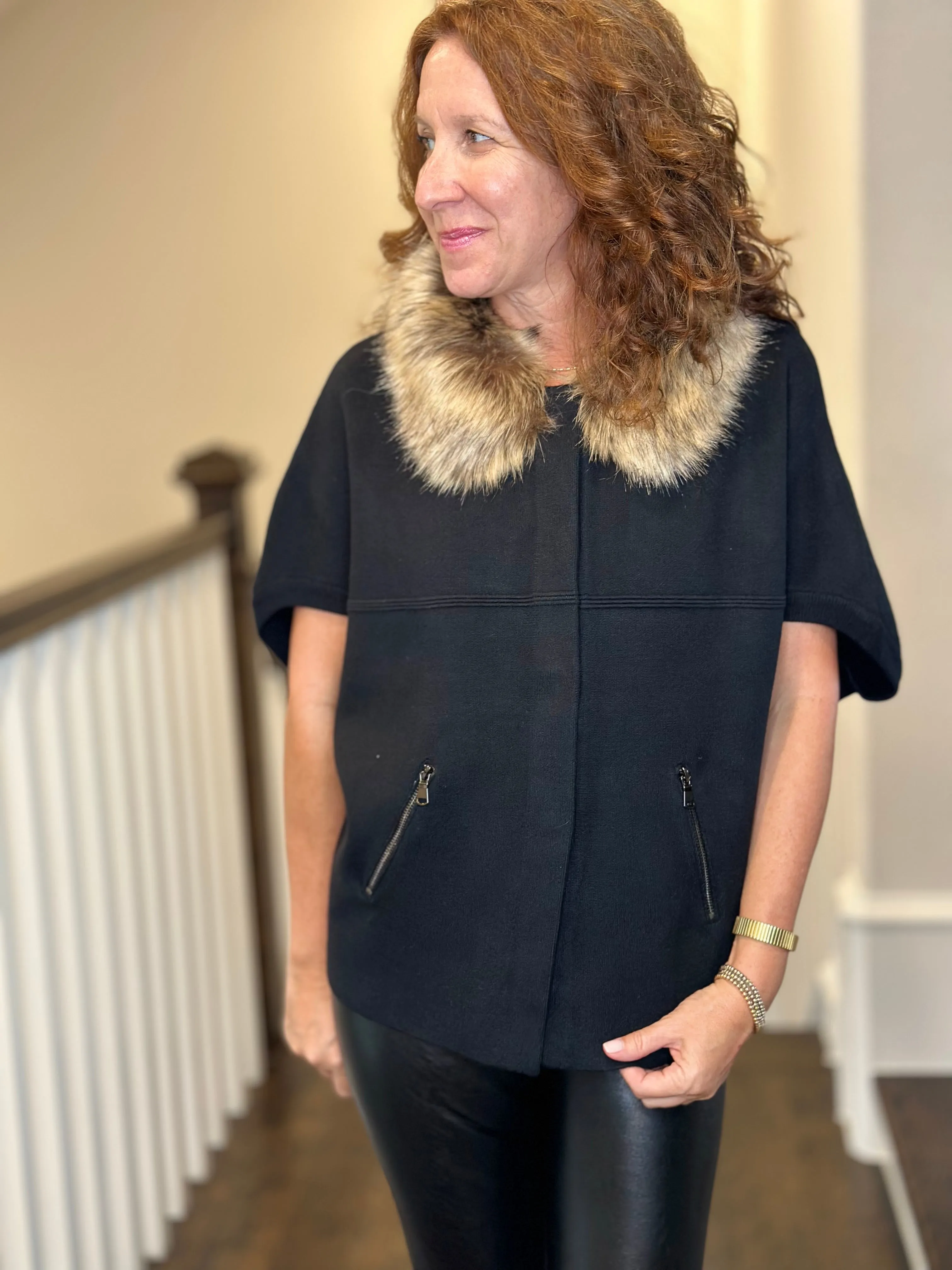 Faux Fur Cardi in Black & Chestnut