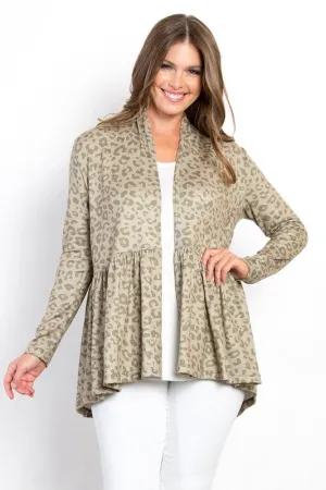 Full Size Peplum Leopard Open Front Long Sleeve Cardigan