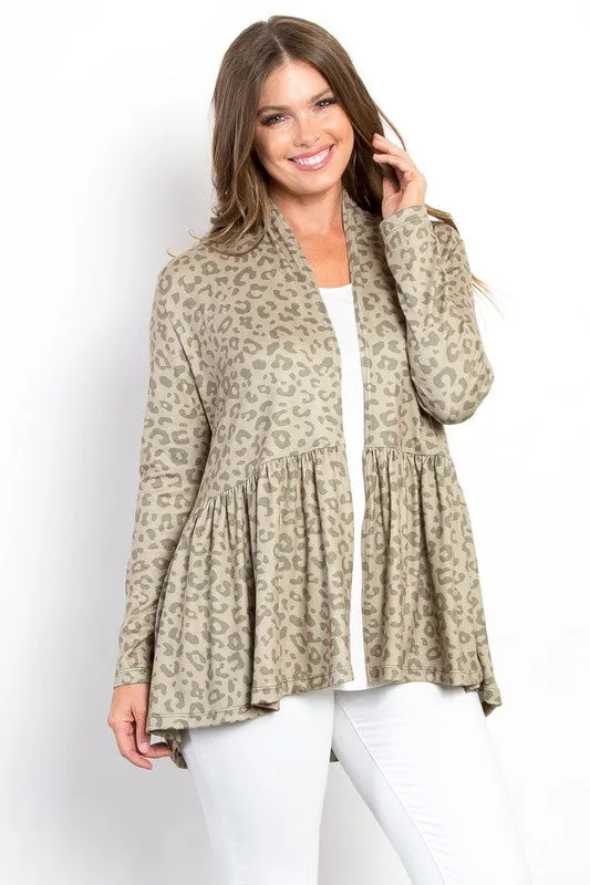 Full Size Peplum Leopard Open Front Long Sleeve Cardigan