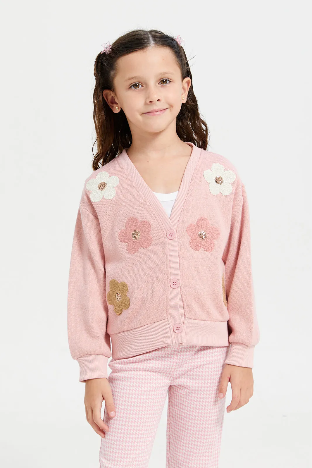 Girls Pink Cardigan With 3D Flower