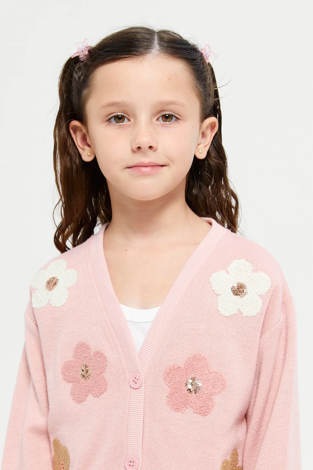 Girls Pink Cardigan With 3D Flower