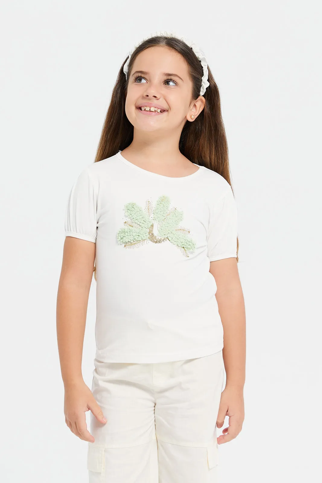 Girls White Embellished With Chiffon T-Shirt