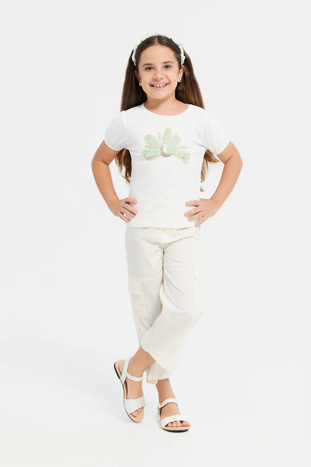 Girls White Embellished With Chiffon T-Shirt