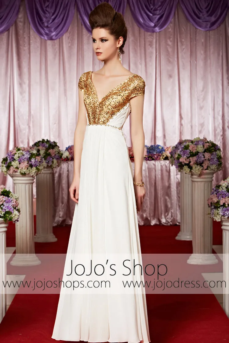 Gold Grecian White Goddess V Neck Elegant Prom Formal Evening Dress CX830362