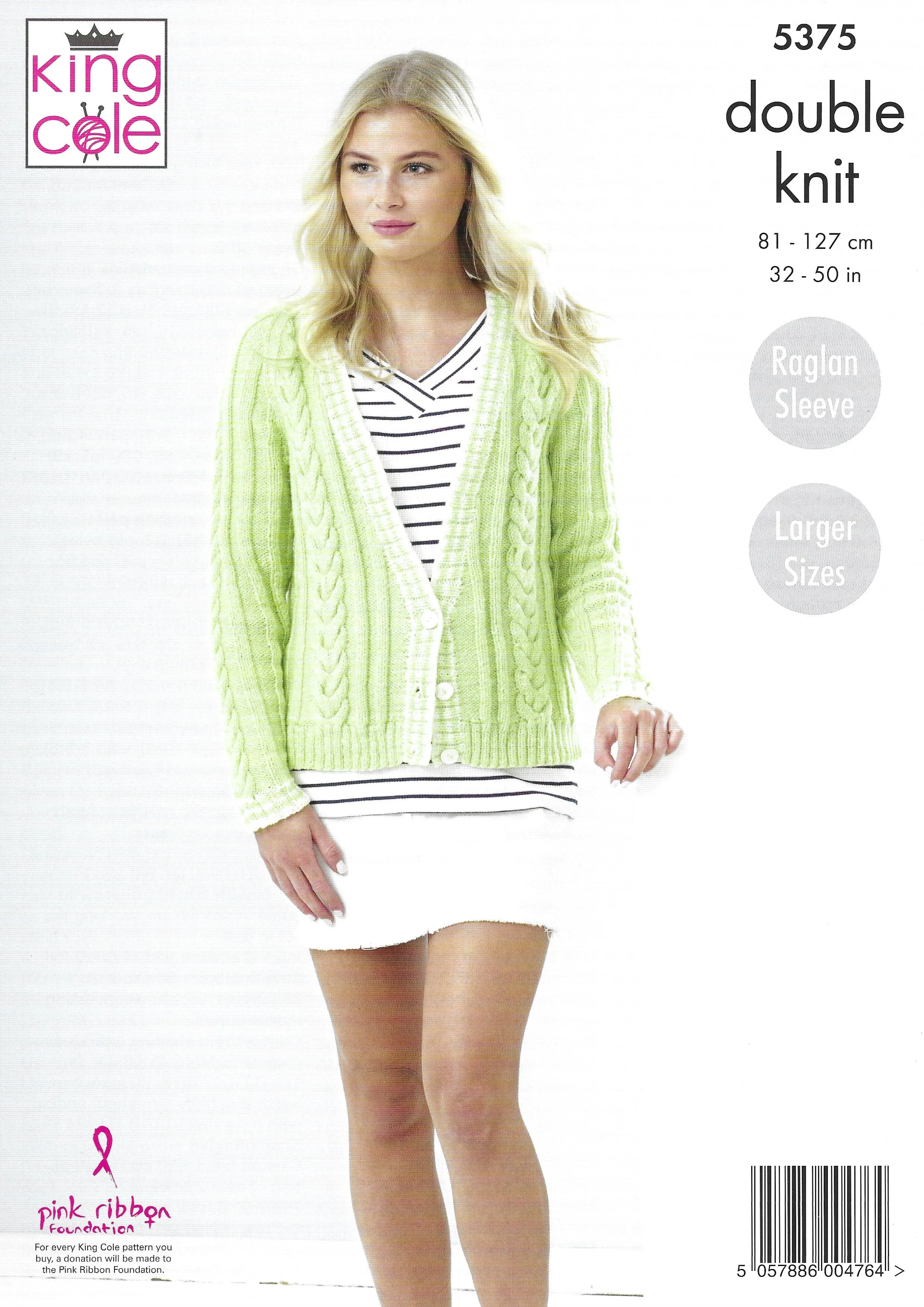 King Cole 5375 Ladies Cardigans, Raglan Sleeves, Larger Sizes DK Knitting Pattern