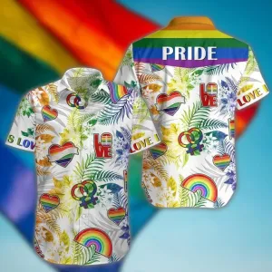 LGBT Aloha Hawaiian Shirts For Summer, Tropical Heart Love Pattern Colorful Rainbow LGBT Hawaiian Shirts