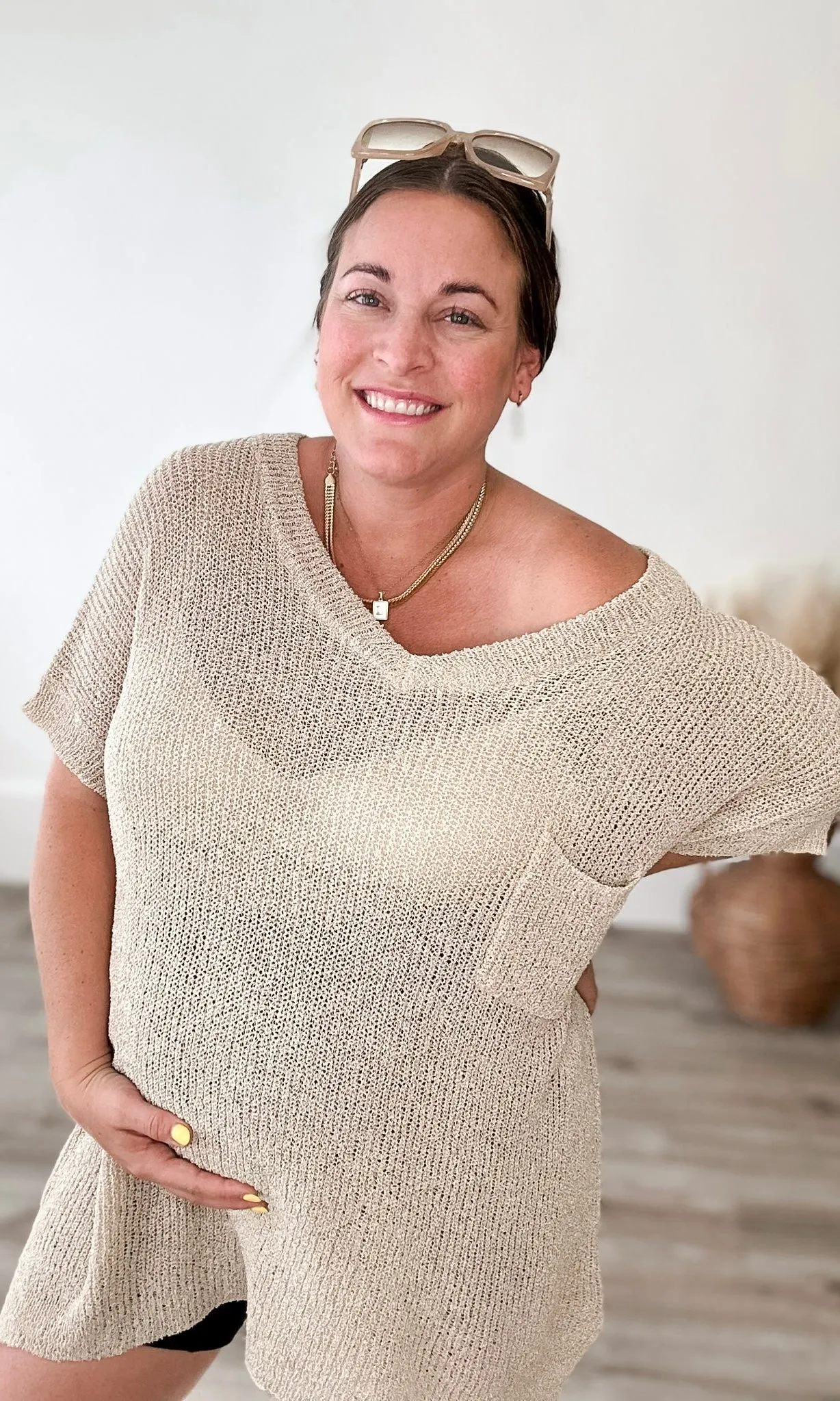 Light Knit, Short Sleeve Top - Oatmeal - EX