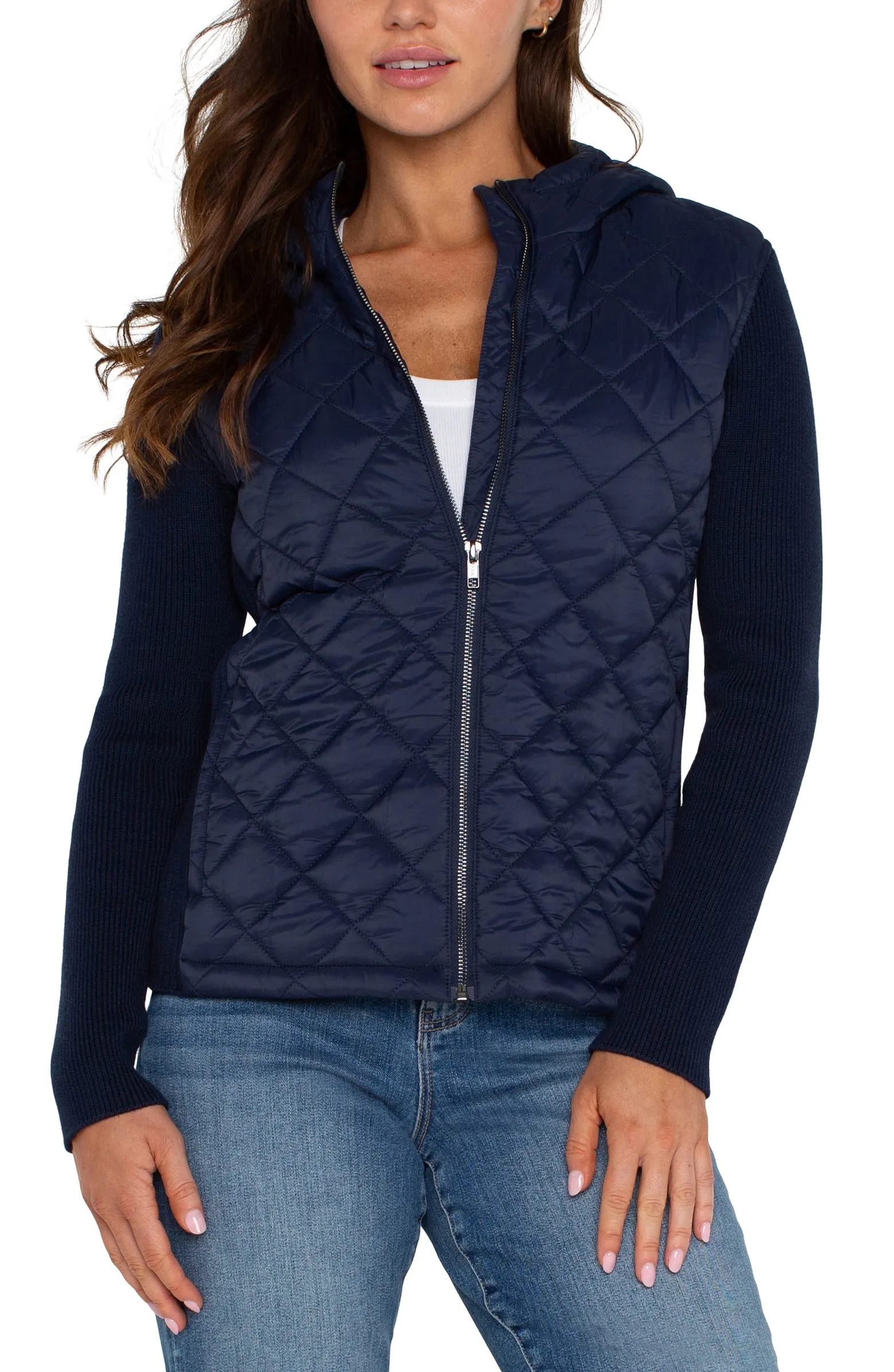 LIVERPOOL Quilted Front Full Zip Hooded Sweater in Navy