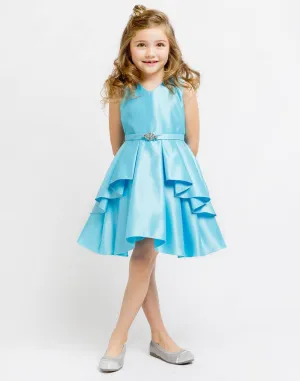 Lustrous Satin Layered Dress with a Rhinestone Brooch - Turquoise