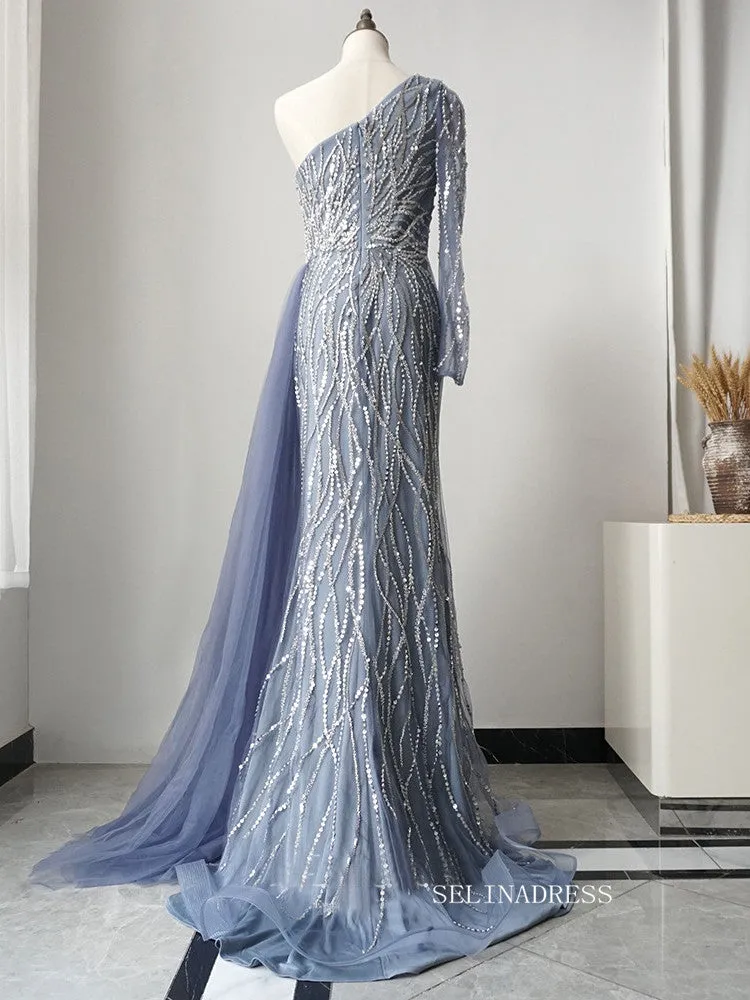 Luxury One Shoulder Elegant Long Sleeve Prom Dress Sparkly Beaded Long Evening Dress Formal Gown FUE012