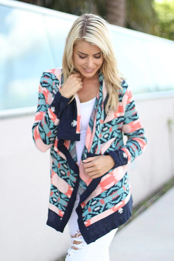 Navy And Coral Cardigan