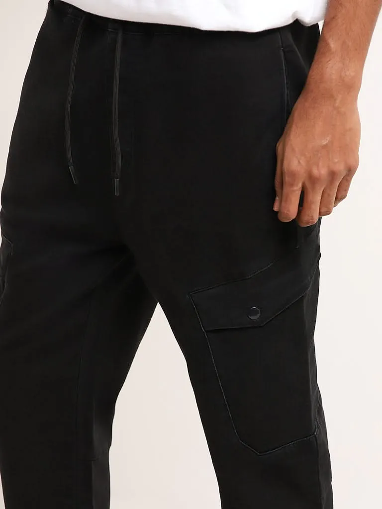 Nuon Black Cargo Cotton Blend Relaxed Fit Mid Rise Pants