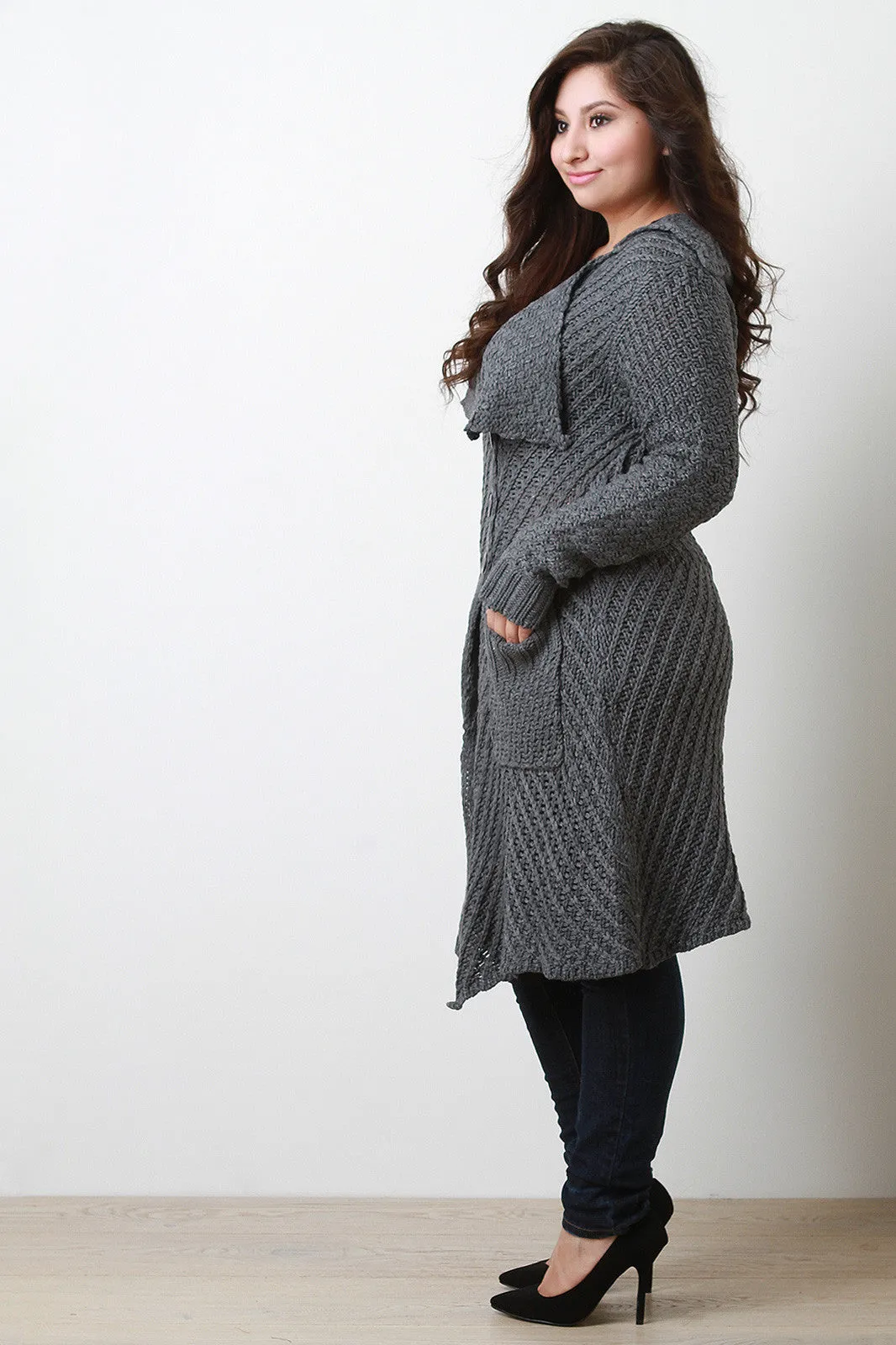 Open Knit Collared Longline Sweater Coat