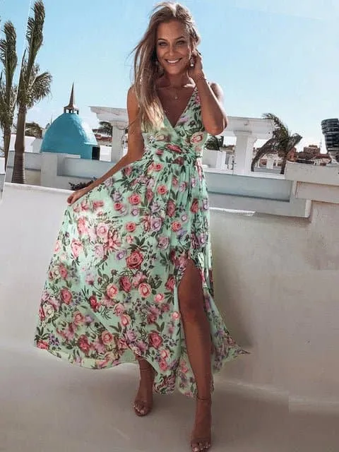 Pink Elegant Ladies Floral Print Maxi Dress (Pink Maxi Dresses)