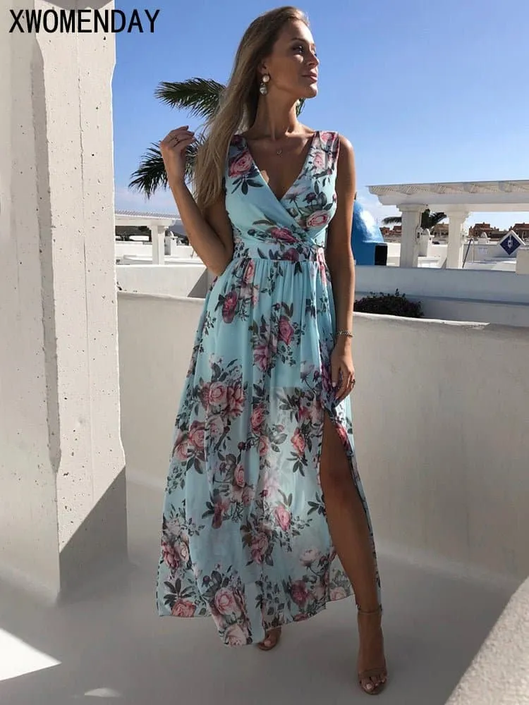 Pink Elegant Ladies Floral Print Maxi Dress (Pink Maxi Dresses)