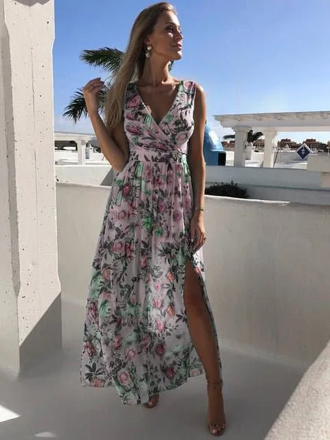 Pink Elegant Ladies Floral Print Maxi Dress (Pink Maxi Dresses)