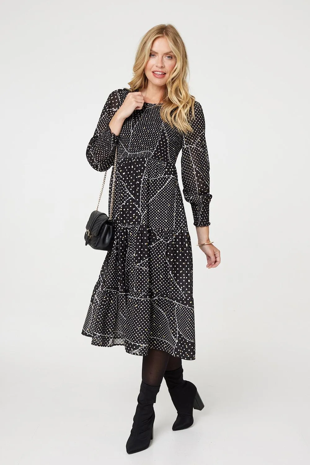 Polka Dot Print Puff Sleeve Midi Dress