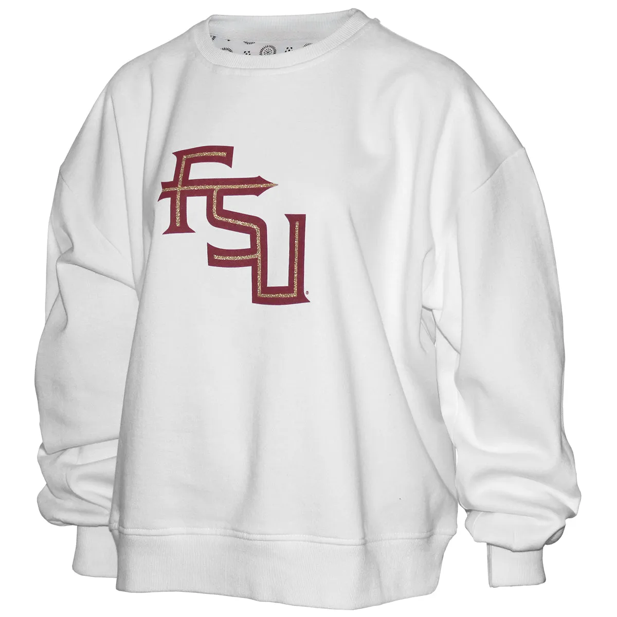 Pressbox Women's Glittered Stacked FSU/Go Noles Design Oversized Crew Fleece - White