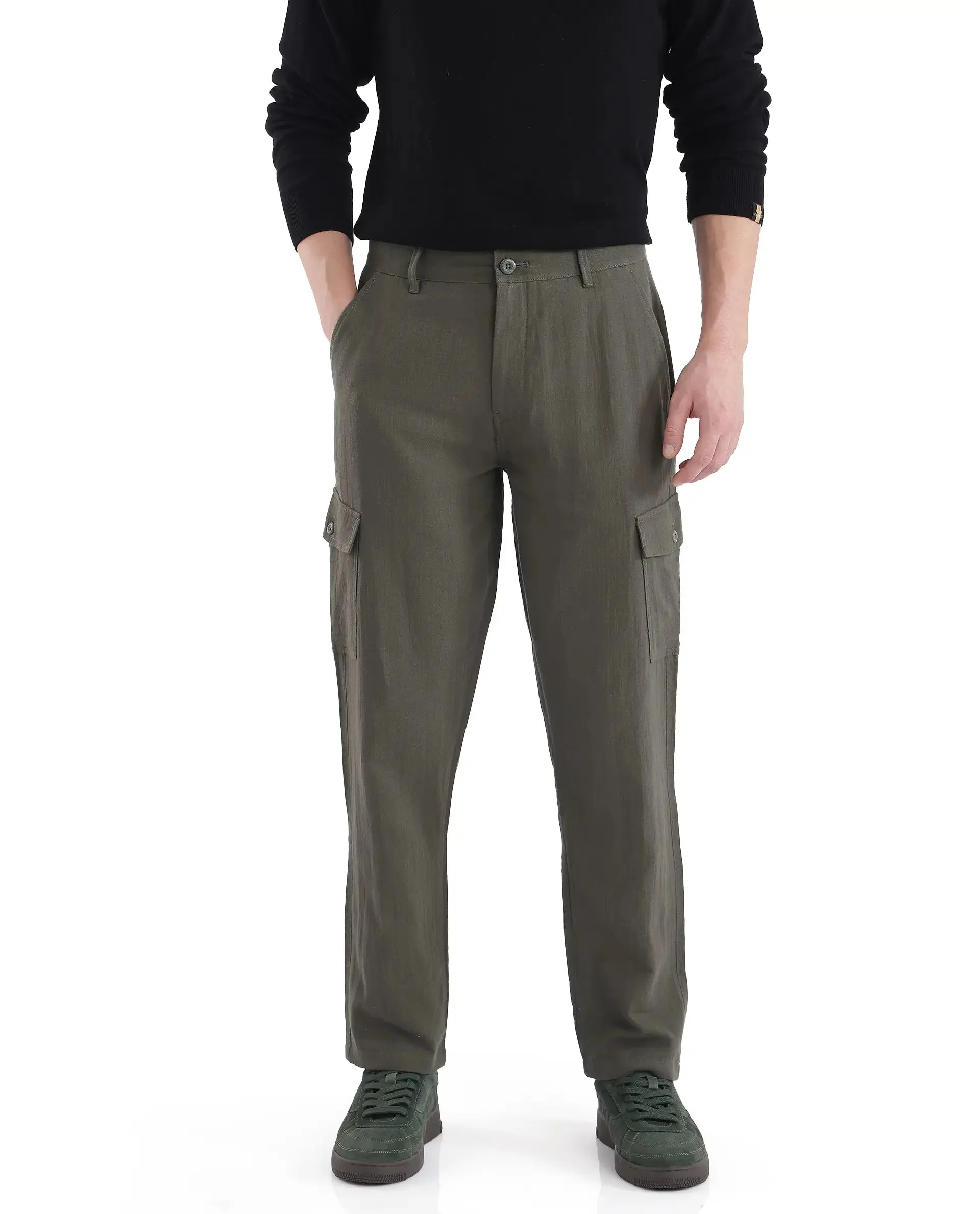 Rare Rabbit Men Presso Dusky Green Double Layer Twill Mid Rise Cargo Style Plain Trouser