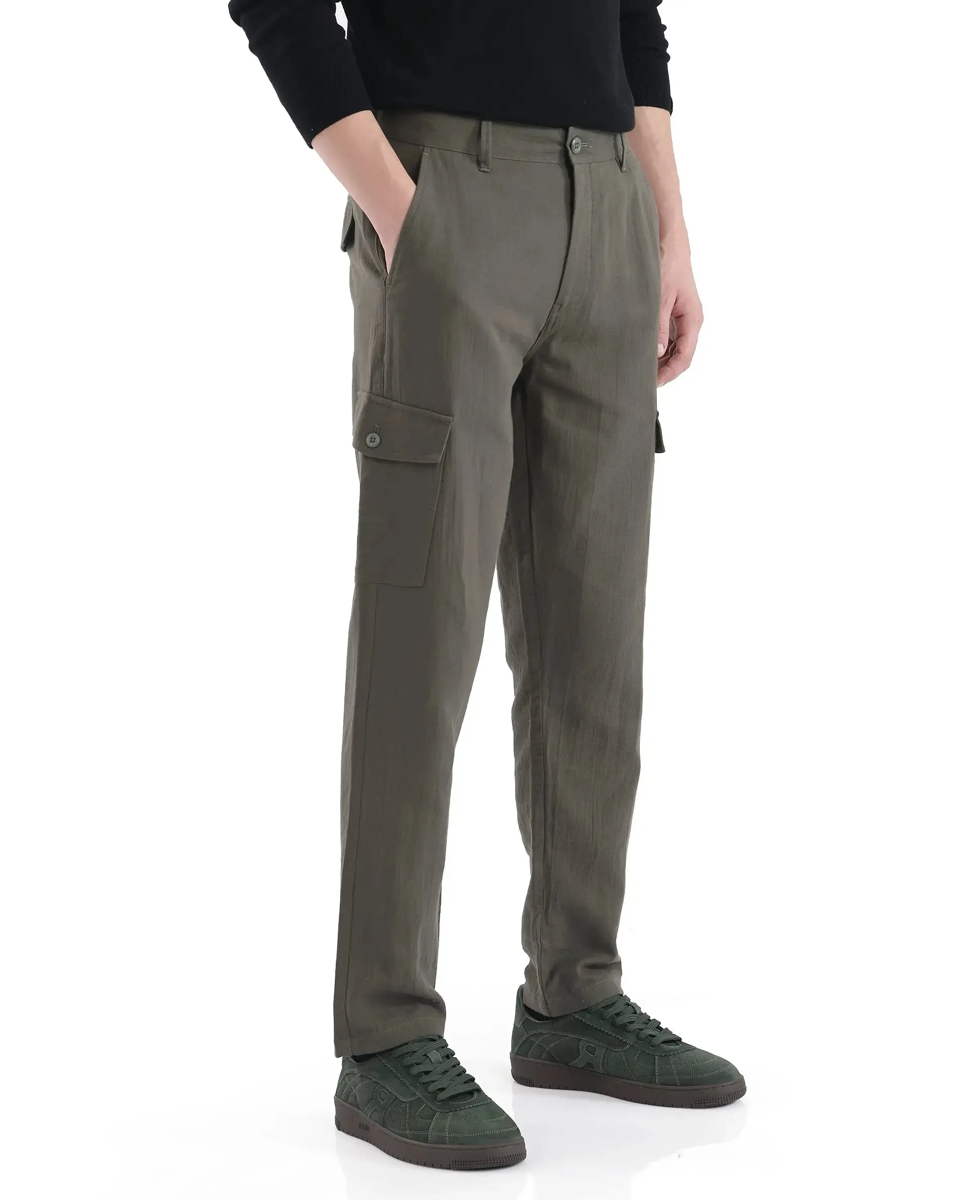 Rare Rabbit Men Presso Dusky Green Double Layer Twill Mid Rise Cargo Style Plain Trouser