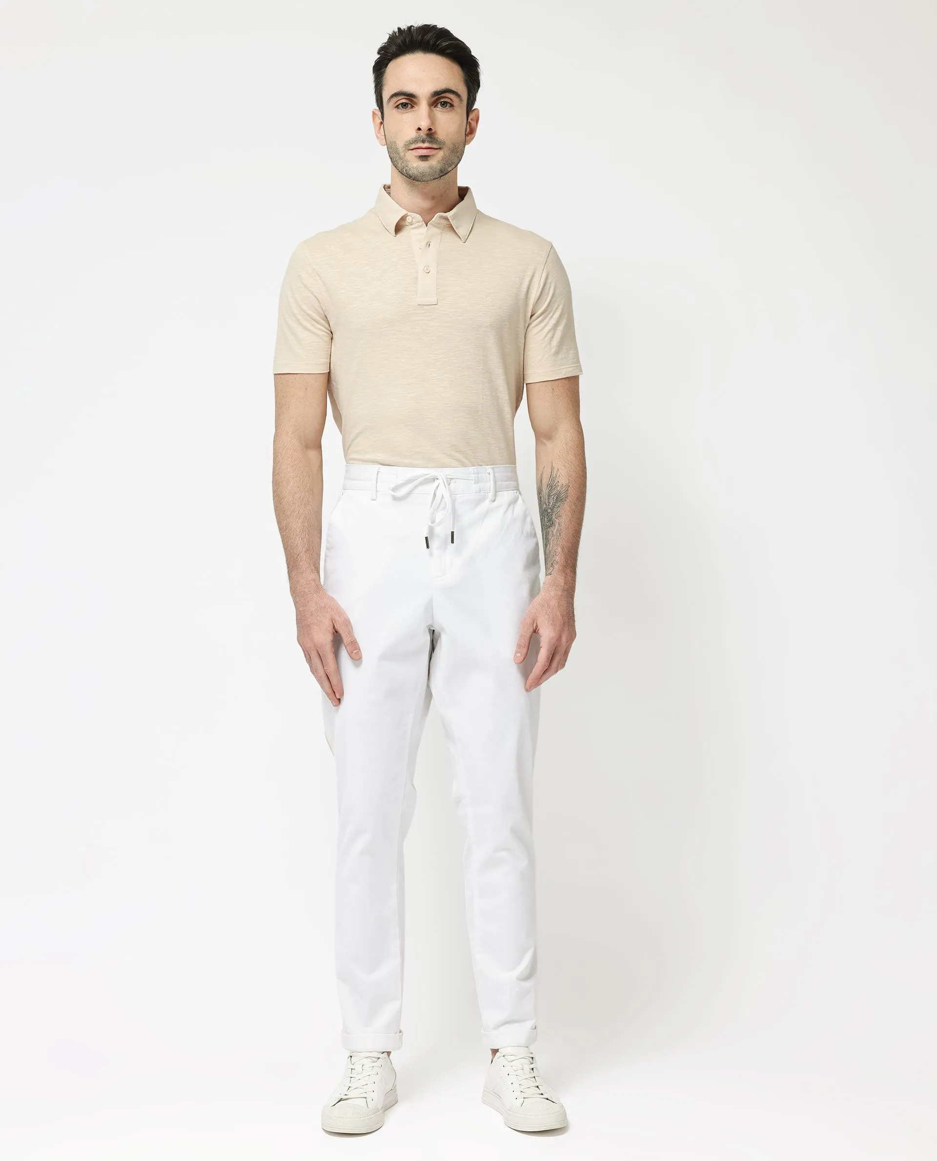 Rare Rabbit Mens Caloon White Cotton Blend Drawstring Closure Regular Fit Solid Trouser