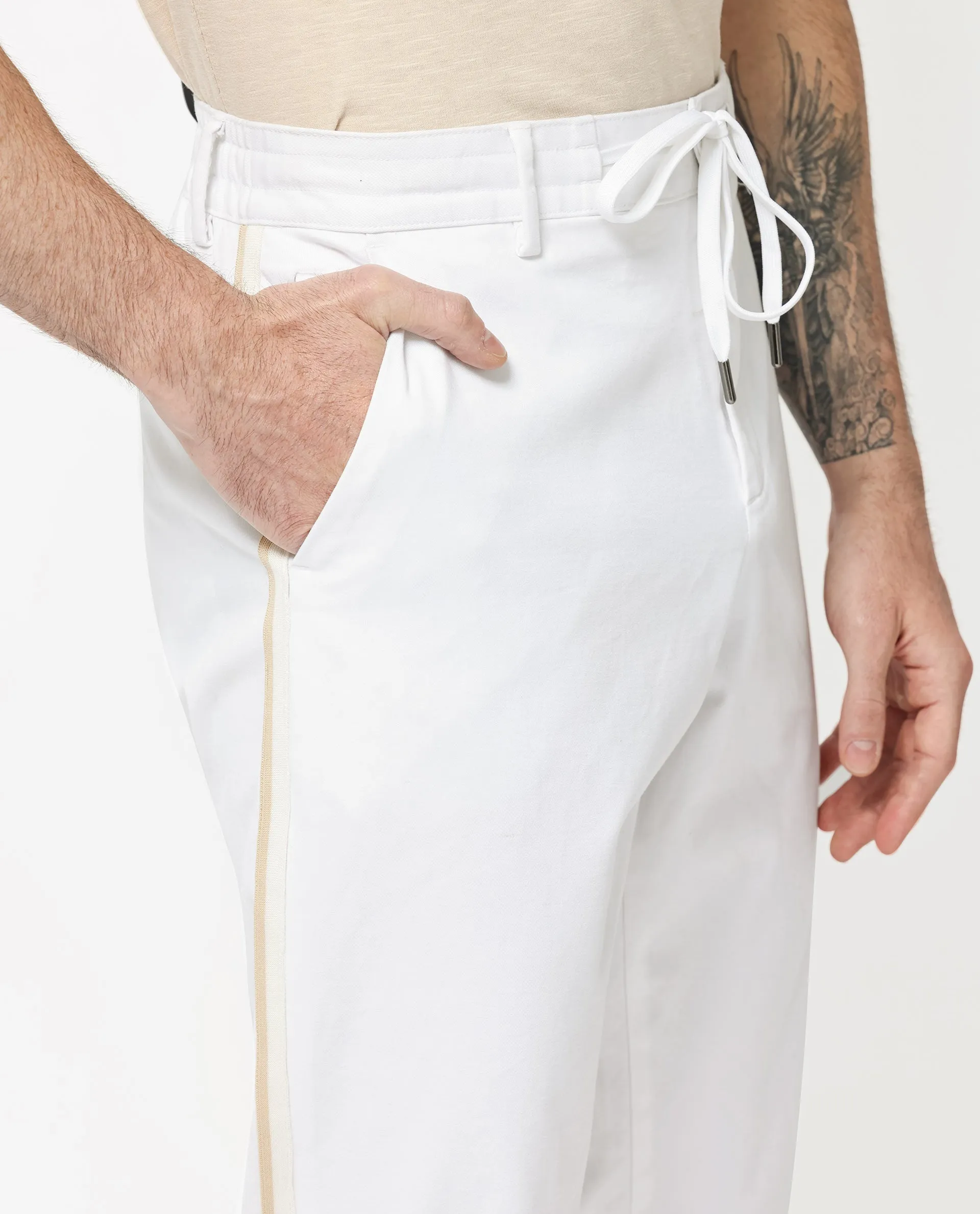 Rare Rabbit Mens Caloon White Cotton Blend Drawstring Closure Regular Fit Solid Trouser